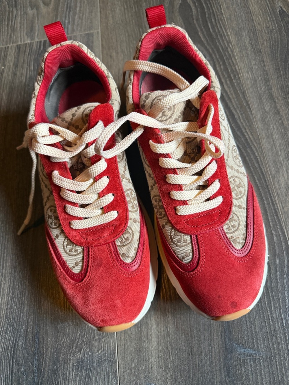 Tory Burch Red Suede & Logo Canvas Sneakers